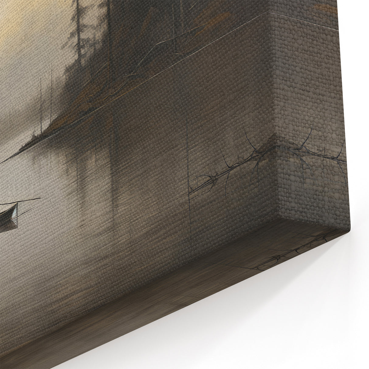Vintage Boat in Foggy Lake Landscape Art - Tranquil Forest Scene