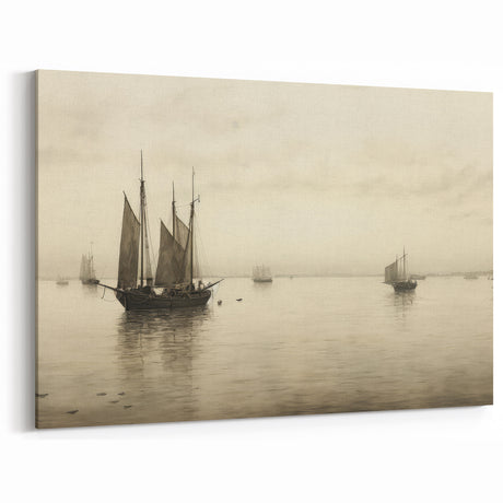 Vintage Landscape Art – Sailboats on Serene Sea in Antique Tones