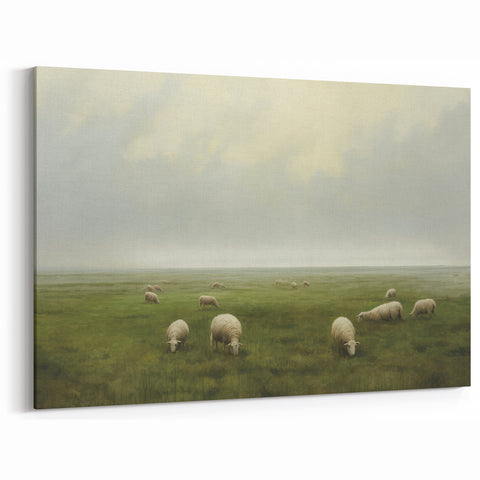Vintage Landscape Art – Sheep Grazing in Serene Green Countryside