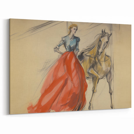 Vintage Portrait Art | Antique Equestrian Lady in Red Dress