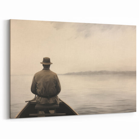 Vintage Portrait Art | Solitary Man in Canoe on Misty Lake