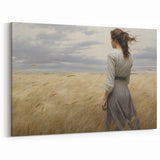 Vintage Portrait Art | Woman in Wheat Field with Windy Sky
