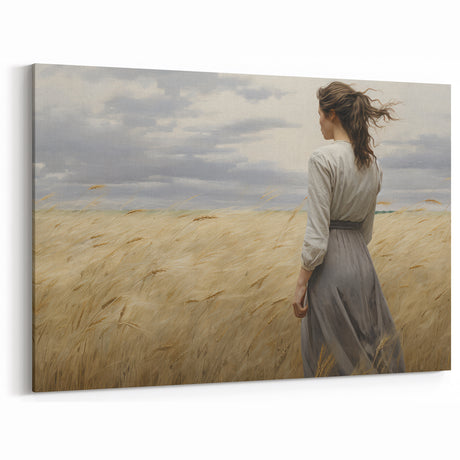 Vintage Portrait Art | Woman in Wheat Field with Windy Sky
