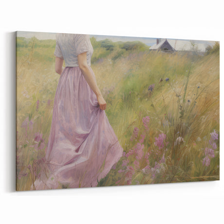 Vintage Portrait Art | Woman in Flower Field with Lilac Dress