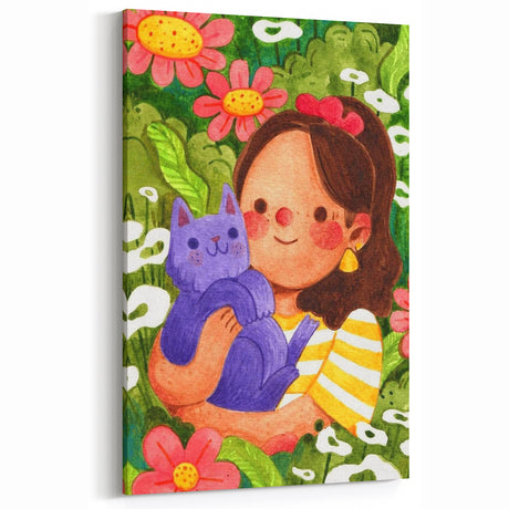 Girl & Cat in Garden Girls Room Wall Art – Kids Room Art Print