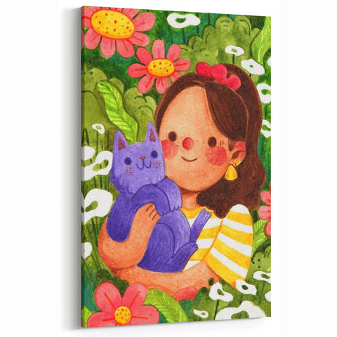 Girl & Cat in Garden Girls Room Wall Art – Kids Room Art Print