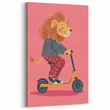 Children's Wall Decor – Cool Lion on Scooter Illustration Print