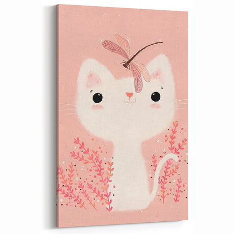 White Cat & Dragonfly Girls Room Wall Art – Kids Room Art Print