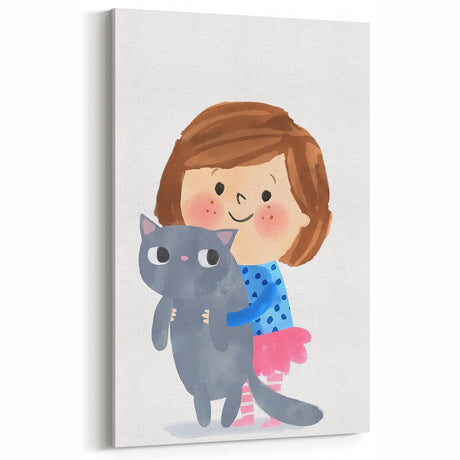 Cute Girl Holding Cat Girls Room Wall Art - Playful Kids Decor