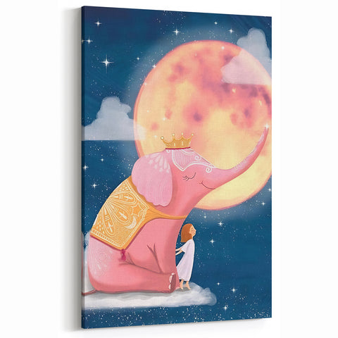 Children's Wall Decor - Dreamy Pink Elephant & Moon Nursery Art