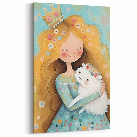 Girls Bedroom Art - Princess & Fluffy Pet Wall Decor for Kids