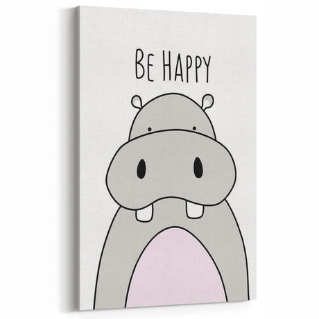 Be Happy Hippo Nursery Wall Art – Baby Room & Kids Decor Print