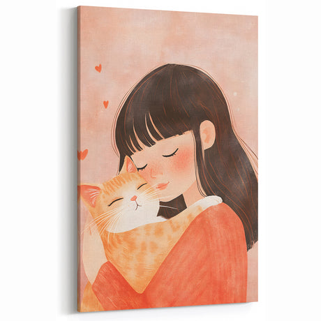 Girl and Cat Hug Nursery Wall Art – Kids Room & Baby Decor
