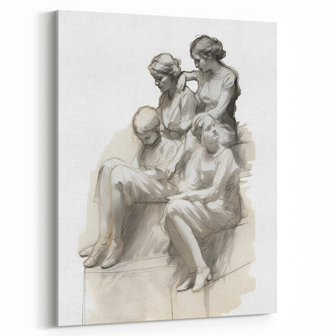 Classic Portrait Artwork – Vintage Sketch of Women in Reflection