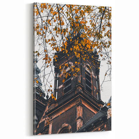 Historic Tower with Autumn Leaves – Fall Wall Art for Seasonal Charm