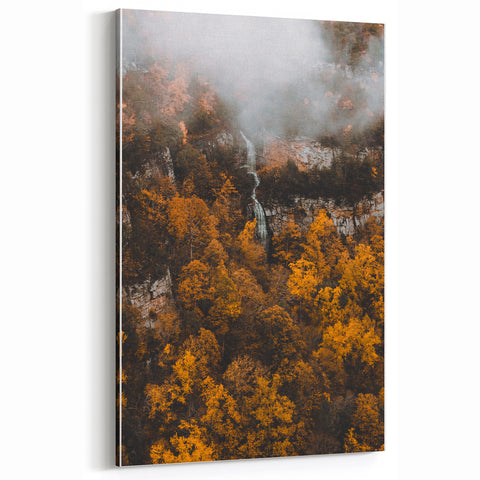Misty Waterfall in Autumn Forest – Fall Wall Art for Nature Lovers