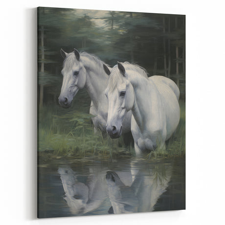 Vintage Animal Art: White Horses – Retro Wildlife Illustration