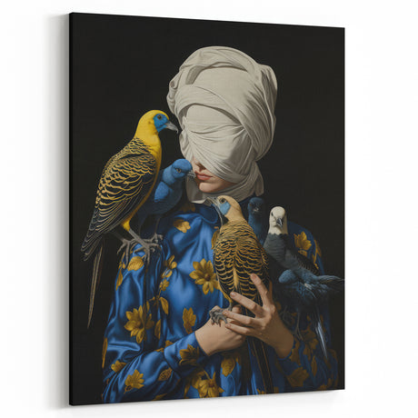 Vintage Portrait Art - Mysterious Woman with Birds Wall Decor