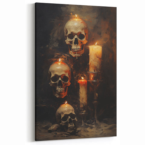 Skulls and Candlelight Halloween Wall Art - Gothic Oil Painting