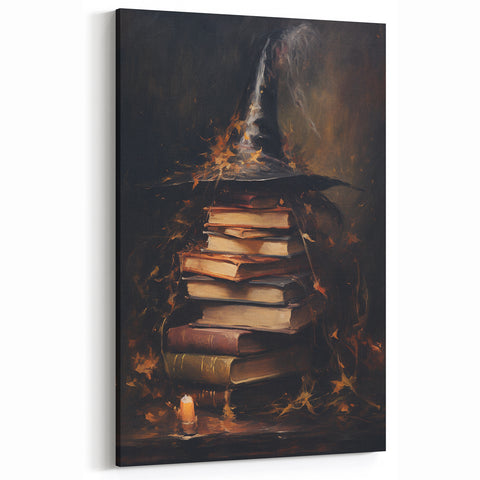 Witch’s Hat and Books Halloween Wall Art - Gothic Oil Painting