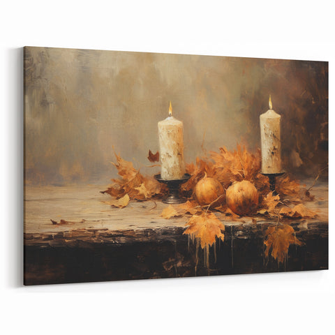 Autumn Candles and Pumpkins Halloween Wall Art - Cozy Oil Painting