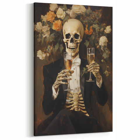 Spooky Wall Art - Elegant Skeleton Champagne Halloween Canvas