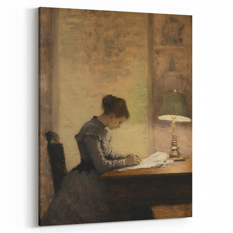 Vintage Portrait Art - Woman Writing by Lamp Antique Canvas