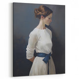 Classic Portrait Artwork - Elegant Woman in White with Blue Sash