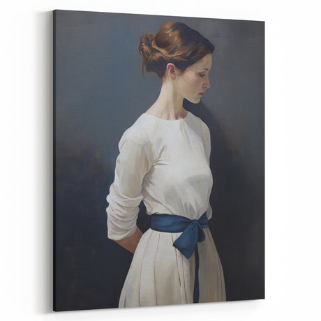 Classic Portrait Artwork - Elegant Woman in White with Blue Sash