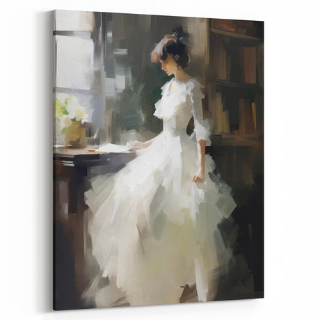Vintage Portrait Art - Elegant Lady in White by Window Canvas