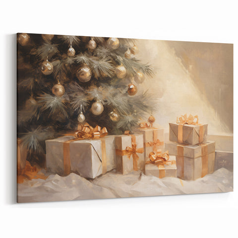 Golden Christmas Wall Art – Festive Tree & Gift Holiday Canvas