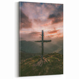 Spring Landscape Wall Art – Rustic Cross at Sunset Canvas Print