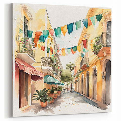 Mexican Fiesta Wall Art - Colorful Street Scene with Papel Picado