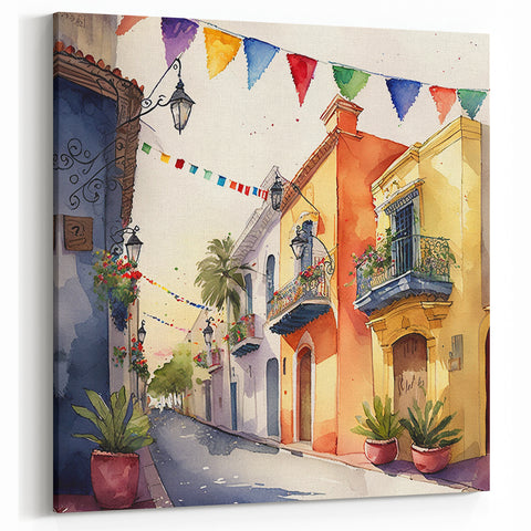 Mexican Party Wall Art - Colorful Street with Papel Picado Banners