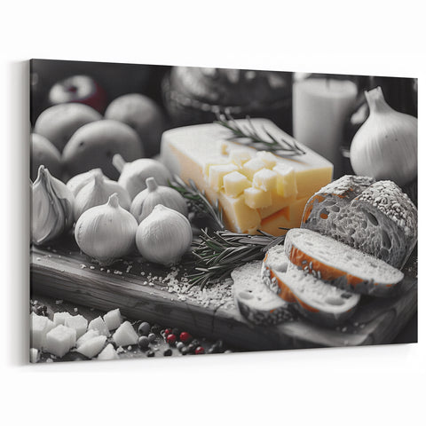 Rustic Bread and Cheese Wall Art - Black and White Kitchen Decor
