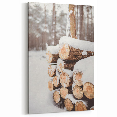 Snow-Covered Firewood - Winter Scene Wall Art Winter Canvas Print
