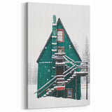 Snowy Green Cabin - Winter Scene Wall Art Winter Canvas Print