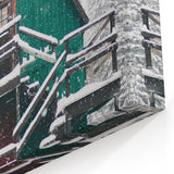 Snowy Green Cabin - Winter Scene Wall Art Winter Canvas Print