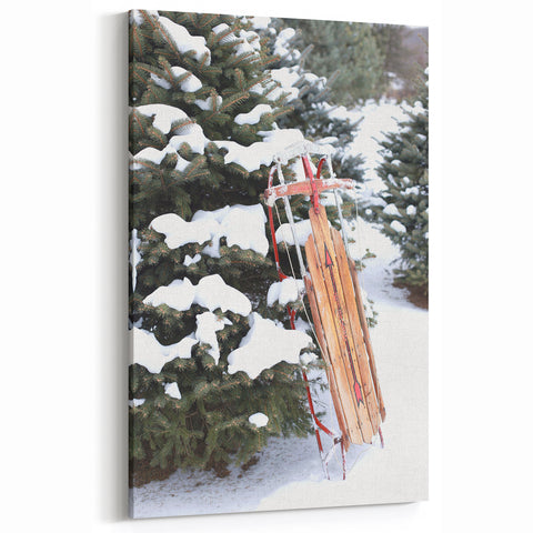 Vintage Sled and Snowy Pines - Winter Scene Wall Art Winter Print