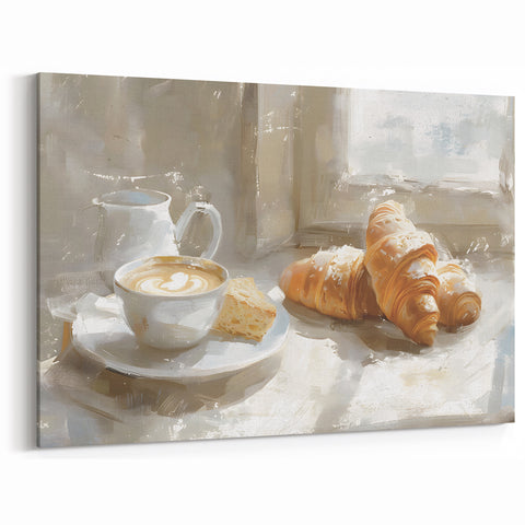 Sunlit Croissant & Coffee Art – French Bakery Kitchen Print