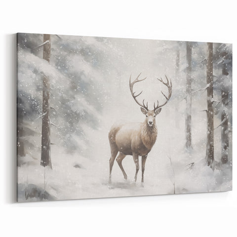 Winter Canvas Art – Majestic Deer in Snowy Forest Wall Decor