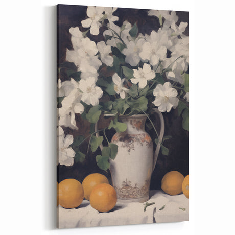 Vintage Botanical Art Print - White Flowers in Vase with Lemons – Framed