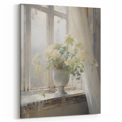 Vintage Botanical Art Print - White Flowers by Window – Framed