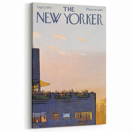 Vintage New Yorker Poster - Rooftop Gathering at Sunset Art Print