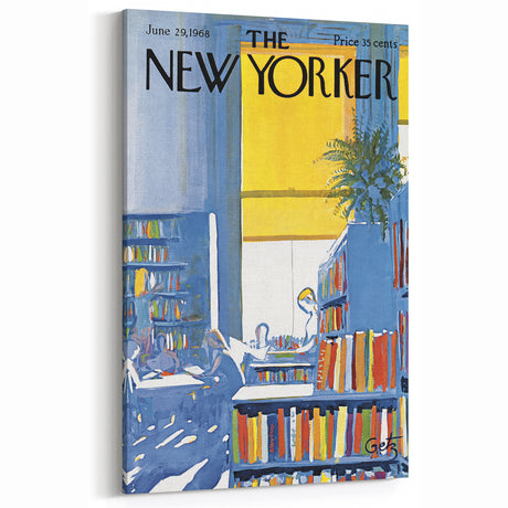 Vintage New Yorker Poster - Library with Bright Bookshelves Art Print