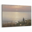 Vintage Animal Art - Shepherd with Sheep at Sunset by the Sea