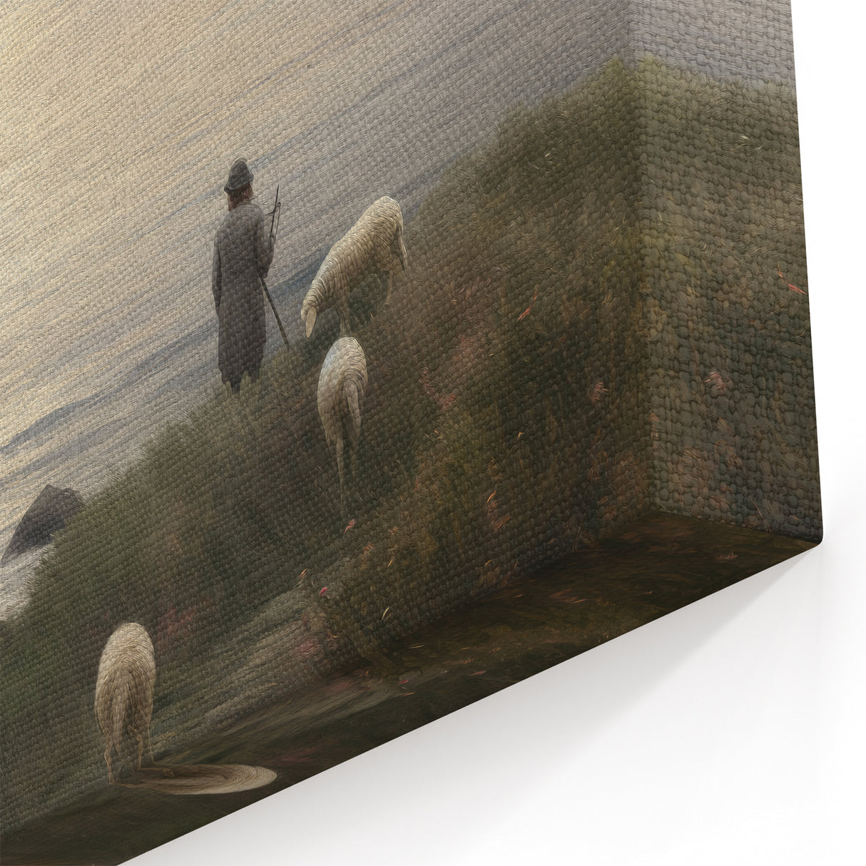 Vintage Animal Art - Shepherd with Sheep at Sunset by the Sea