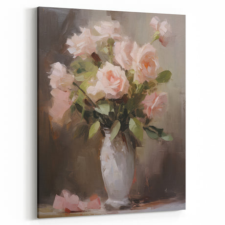 Vintage Botanical Art Print: Soft Pink Roses in Vase Wall Decor