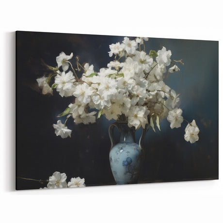 Vintage Botanical Art Prints – White Flowers in Blue Vase – Classic Wall Decor