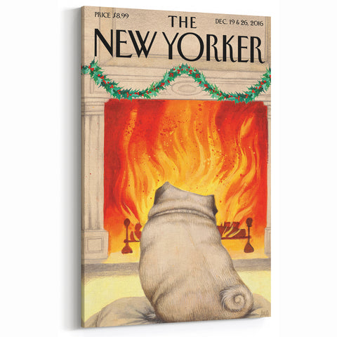 Vintage New Yorker Poster – Cozy Fireplace & Pug Illustration